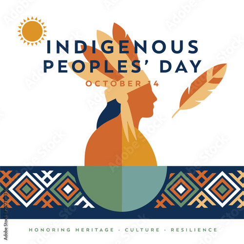 Indigenous peoples day october 14 featuring native american silhouette with feather headdress and colorful geometric tribal border