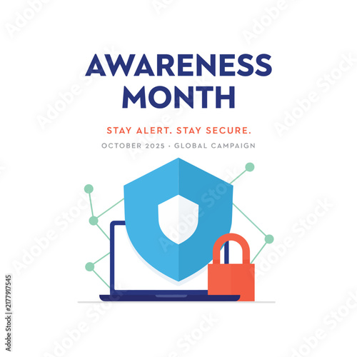 Cybersecurity awareness month campaign featuring a digital shield and padlock for network security and data protection education concept