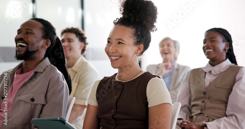 Tablet  audience or woman listen at seminar for training  digital notes or laugh in company workshop. Tech  happy person and conference crowd with funny joke  career development or industry knowledge