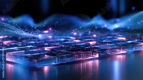 Abstract Visual Representation of Data Flow and Digital Networks in Bright Blue and Pink Hues