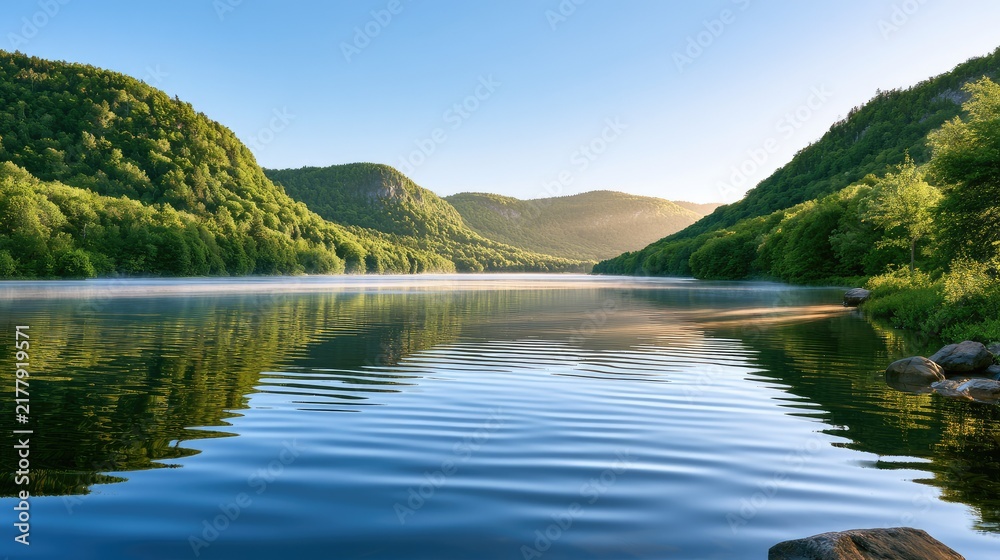 Fototapeta premium Serene Lake Surrounded by Lush Green Mountains Under a Clear Blue Sky at Dawn with Soft Ripples Reflecting on Water Surface