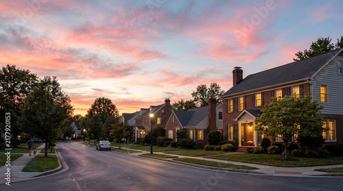 Suburban neighborhood street at sunset with glowing houses and pink sky