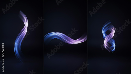 Glowing blue and purple light trails forming abstract shapes on a dark studio background