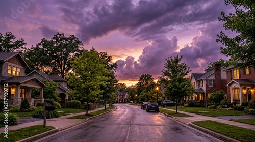 Suburban Street at Dusk: Purple Sunset Clouds Over Residential Neighborhood
