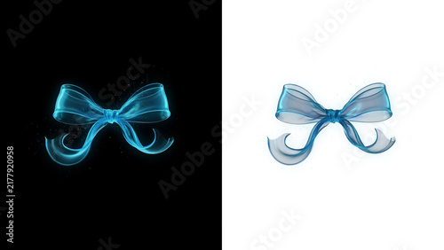 Glowing blue glass ribbon bow isolated on black and white backgrounds for gift decoration