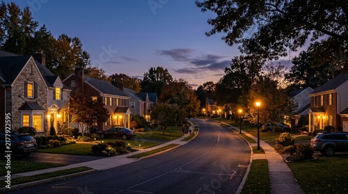 Suburban Street at Dusk, Cozy Homes, Lit Windows, Autumn Evening