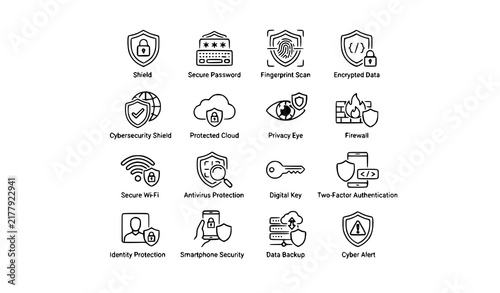 Cyber Security and Privacy Flat Line Vector Icon Set