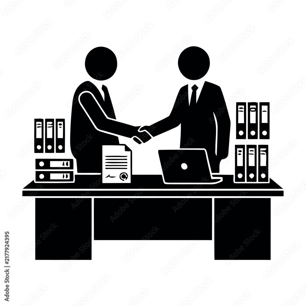 Fototapeta premium black silhouettes of corporate partners shaking hands, signing contracts, exchanging business cards, and closing deals. Pure black figures on white background,