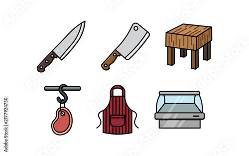 Butcher Shop Equipment and Meat Market Icon Set