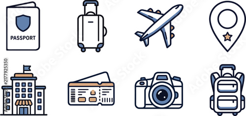 Travel And Tourism Line Icon Set Featuring Passport Luggage Airplane Destination Hotel Ticket Camera And Backpack Vector Illustration