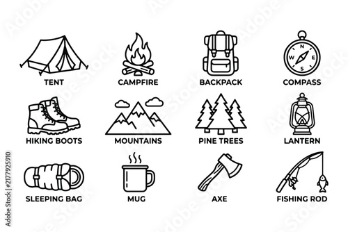 Camping equipment line icons set against a white background for outdoor activities. Camping Line Art Icons Set
