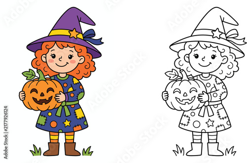 Cute cartoon witch girl holding a Halloween pumpkin coloring page for kids, colored example and outline vector illustration.
