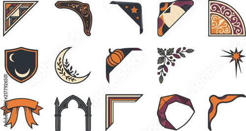 Antique Vector Corner Elements Set. Retro Page Framing Embellishments. Vintage Document Borders, Ribbons, and Moon Shields for Scrapbooking