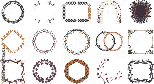 Vintage Floral Borders and Ornate Wreaths. Decorative Rectangular and Circular Frames. Nature Inspired Illustrative Elements for Crafting Cards, Logos, Invitations, and Wedding Stationery Design