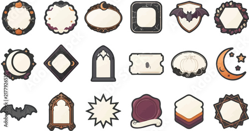 Halloween vector labels and stickers. Pumpkin, bat and spell icon set. Spooky frames and shapes. Flat design elements for print, scrapbooking and card making.