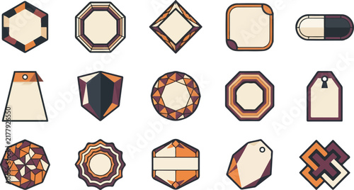 Set of 18 retro labels, vintage badges, retro icons, old tags, classic seals, antique award signs, decorative elements, geometric shapes