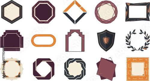 Vintage framing elements, vintage border frames collection, geometric logo frames, emblem badges icons, retro ornamental shapes, vector artwork in purple, orange, beige