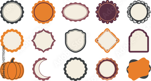 Vintage halloween vector frame set with pumpkin, moon, and tombstone. Retro autumn labels, spooky borders, and seasonal decoration elements.