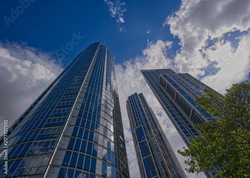 Sticker Contemporary residential architecture featuring curved glass balconies and modern design along the River Thames waterfront in London, England