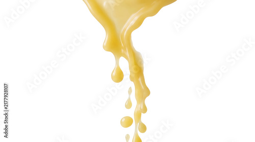 Creamy yellow melted paraffin candle wax dripping down liquid overlay isolated on transparent background.