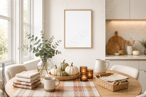 Mockup frame in interior , autumn decor kitchen