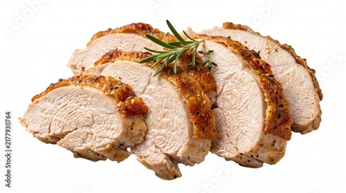 Roasted pork tenderloin slices seasoned with herbs and spices topped with a fresh green rosemary sprig on display
