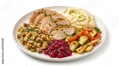 Roasted turkey slices with mashed potatoes stuffing cranberry sauce and roasted vegetables on a round dinner plate