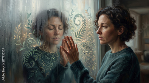 Woman Touching Reflection on Glass with Botanical Pattern Symbolizing Self Reflection and Inner Beauty