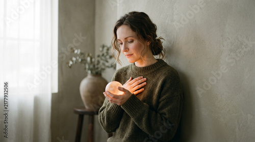 Peaceful Woman Holding Warm Heart Symbol at Home with Cozy Emotional Expression