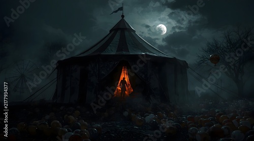 Creepy big top circus tent at night under full moon with orange glow