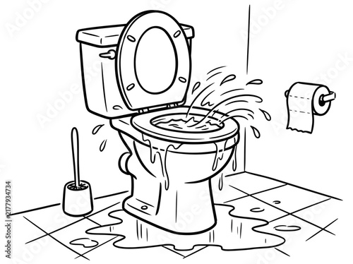 Overflowing Toilet with Splashing Water and Leakage Puddle on Bathroom Floor Line Art