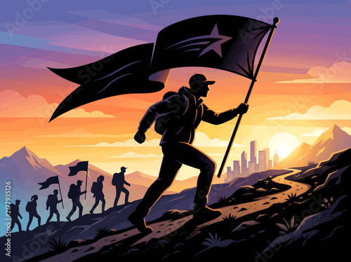 Silhouette of a leader hiking up a mountain carrying a banner during a vibrant sunrise with team