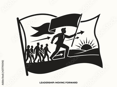 Business leadership concept vector illustration showing leader holding flag guiding team forward to success towards rising sun