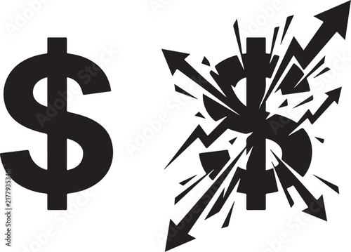 Financial market explosion with dollar sign and arrows, economic crash and volatility concept, black vector icons on white background