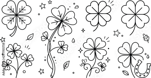 Foto Saint Patrick day clover and four leaf shamrock line art vector set with horsesh