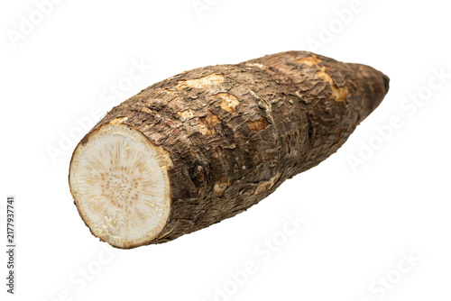 A single raw cassava root with rough brown bark and a white cross-section cut showing the starchy interior... isolated on a transparent background