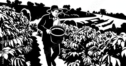 Coffee Farmer Carrying Bucket of Fertilizer to Coffee Plants Black Silhouette