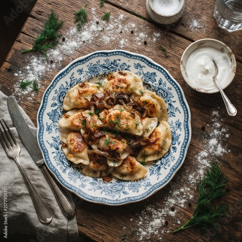Homemade Polish Pierogi with Fried Onions and Sour Cream