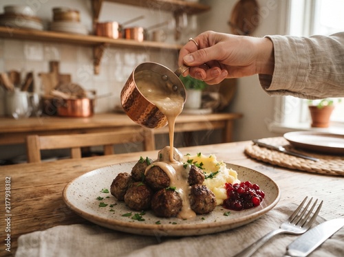 Pouring Creamy Gravy Over Hot Swedish Meatballs.