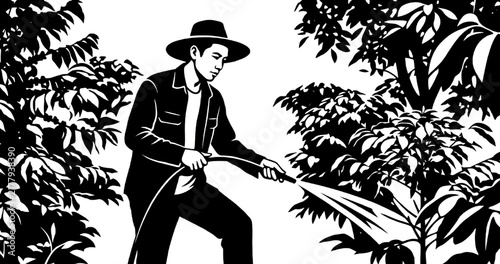 Coffee Farmer Watering Coffee Plants with Hose Black Silhouette