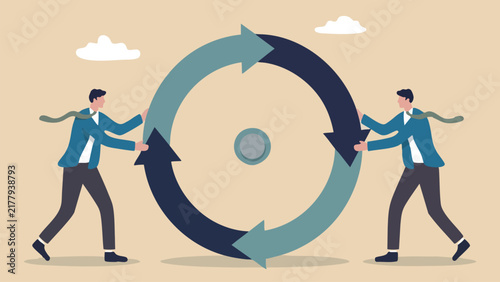 Businessmen pushing a circular arrow cycle, symbolizing teamwork, continuous process, and workflow