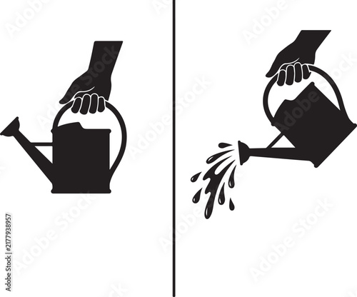 Watering can silhouette icons, hand holding garden watering pot vector, black gardening tools set for plant care and irrigation