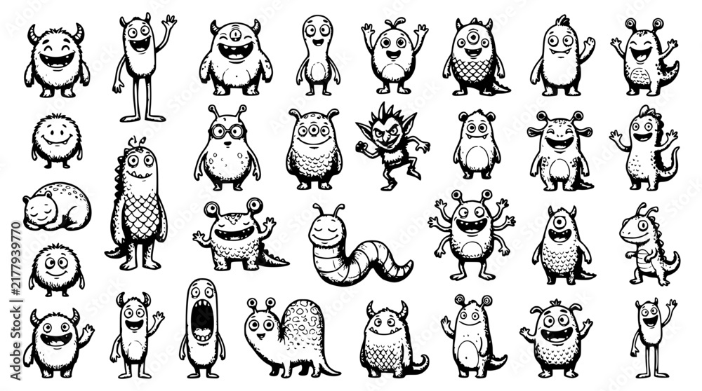 Fototapeta premium Monster set with whimsical characters in doodle style featuring funny faces, varied poses, and unique designs with black and white illustration and hand-drawn texture