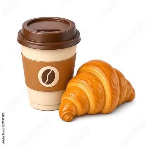 Coffee Cup + Croissant 3d rendering isolated on white background plastic style icon