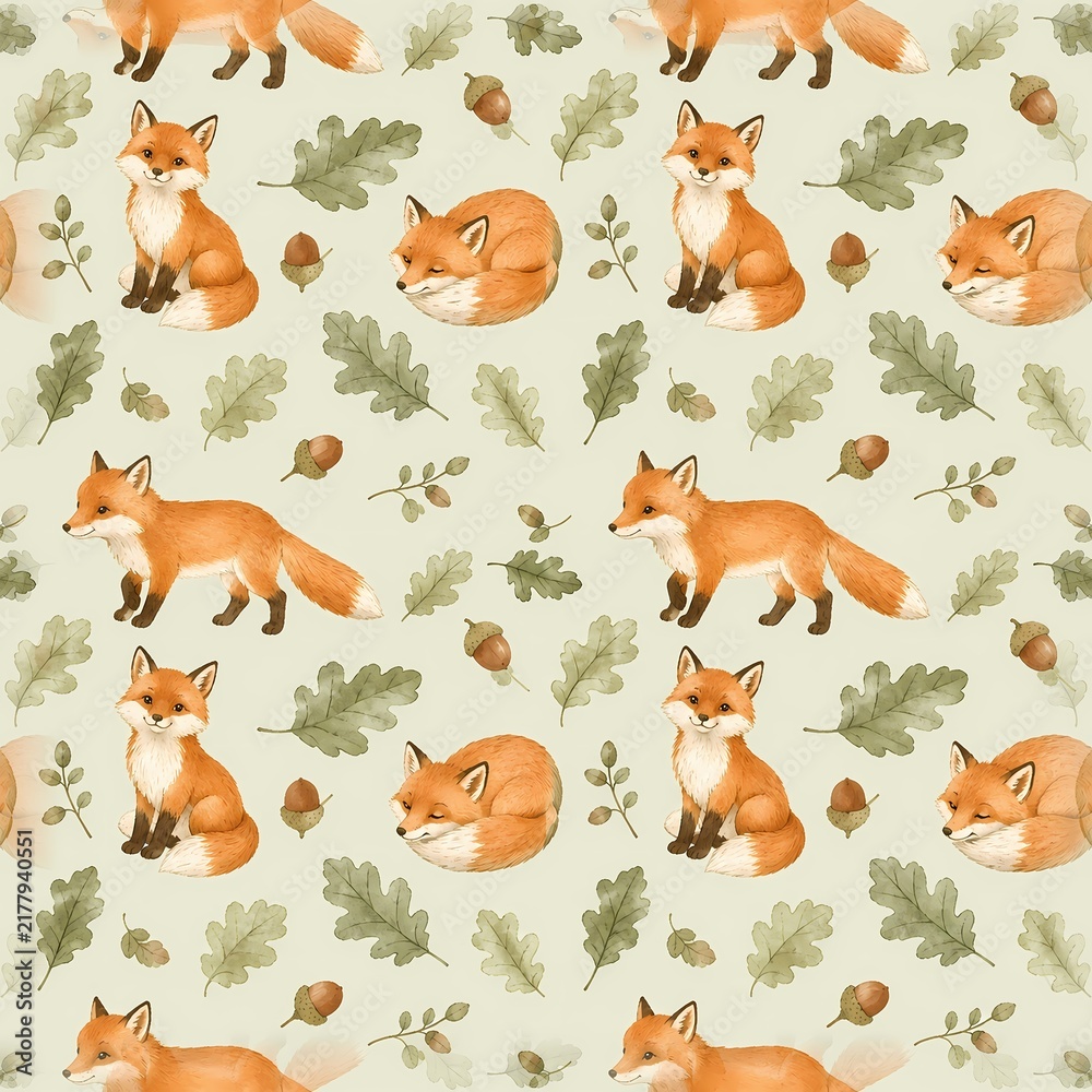 Naklejka premium Cute foxes, oak leaves and acorns in a soft woodland nursery repeat