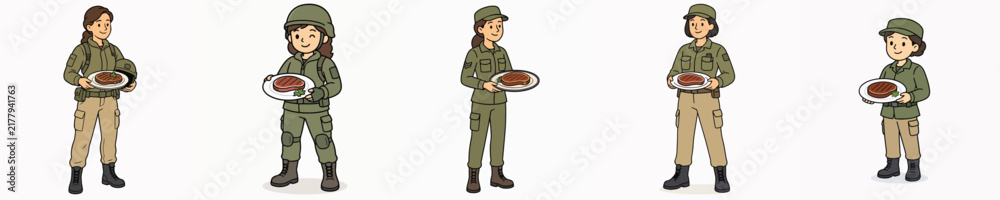 Obraz premium A set of vector illustrations featuring a female soldier standing and carrying a platter of delicious grilled meat.