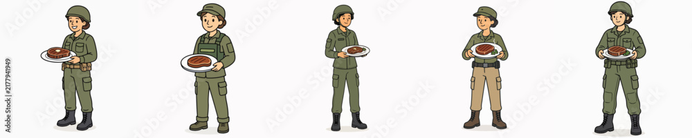 Obraz premium A set of vector illustrations featuring a female soldier standing and carrying a platter of delicious grilled meat.