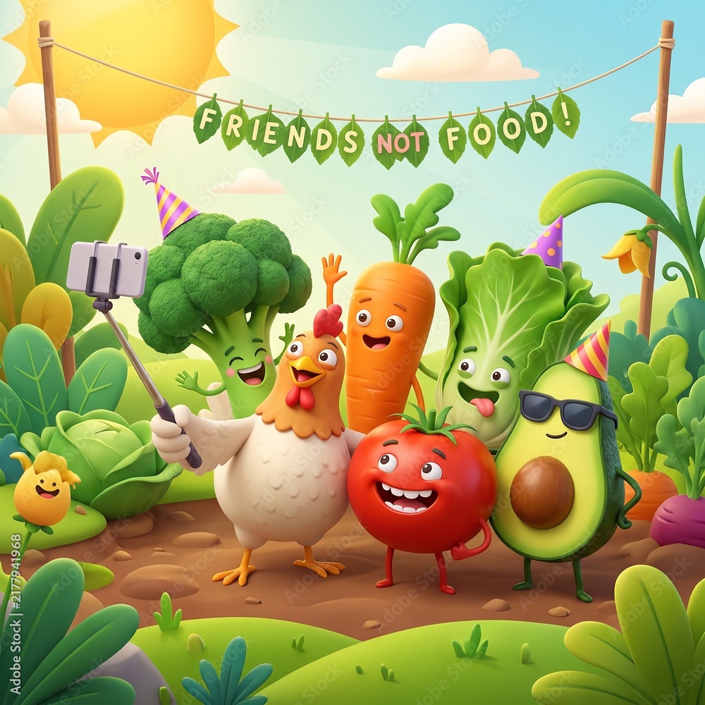 Obraz premium Funny cartoon chicken and anthropomorphic vegetables take a group selfie beneath a Friends Not Food banner, promoting vegetarian lifestyle and plant based eating