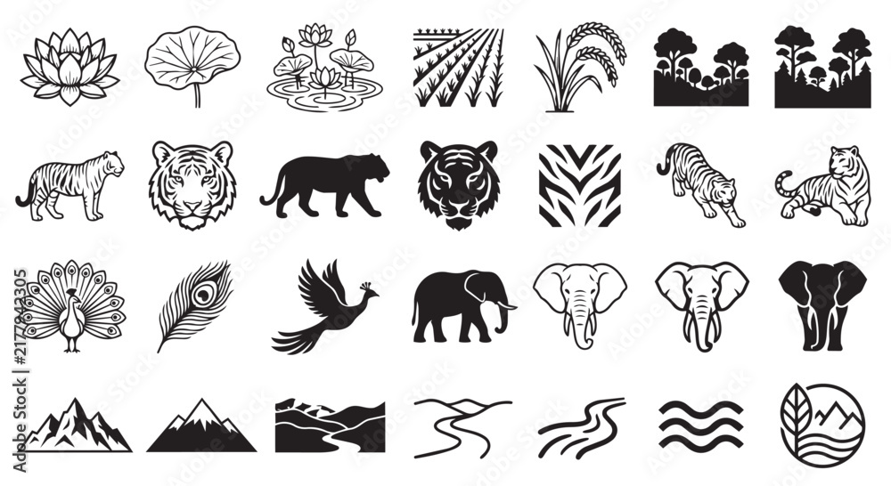 Obraz premium Set of black and white vector wildlife animal and nature landscape icons and silhouettes with tiger icons