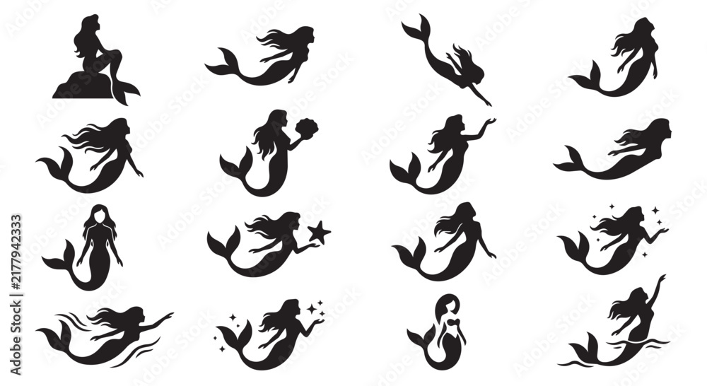 Fototapeta premium Set of black mermaid silhouettes showcasing swimming diving and sitting poses for fantasy designs